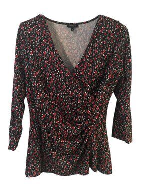Talbot's 3/4 Sleeve V Neck Side Gather Blue/Red Blouse Petite Small
